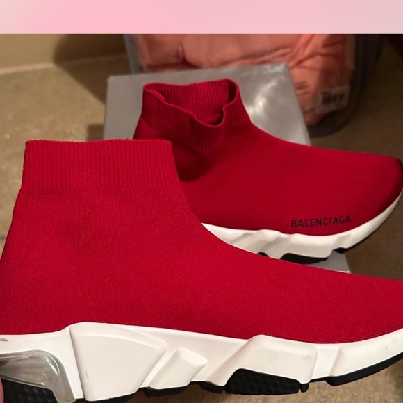 Balenciaga Red and White Knit Sneakers - Picture 1 of 8